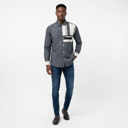 Chemise homme patchwork lin lourd gris et manches woodin imprimé géométrique