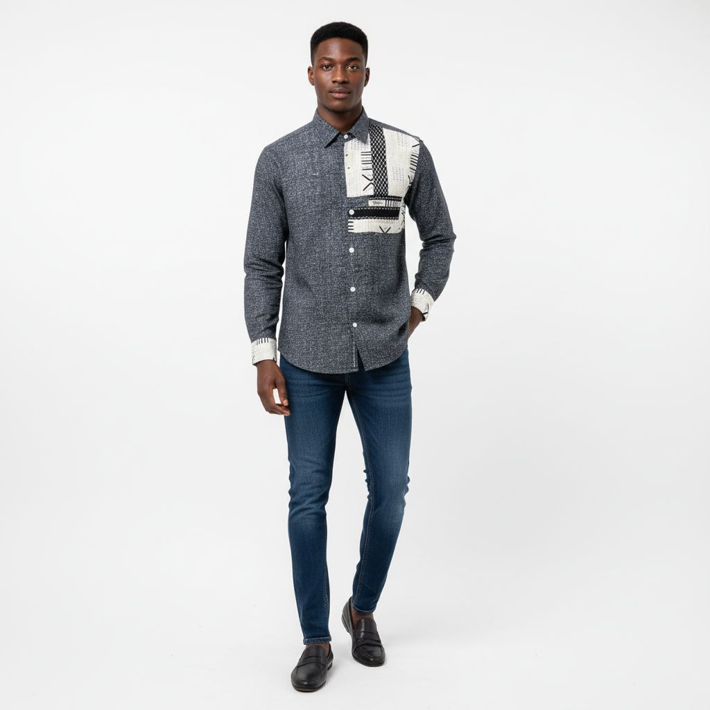 Chemise homme patchwork lin lourd gris et manches woodin imprimé géométrique