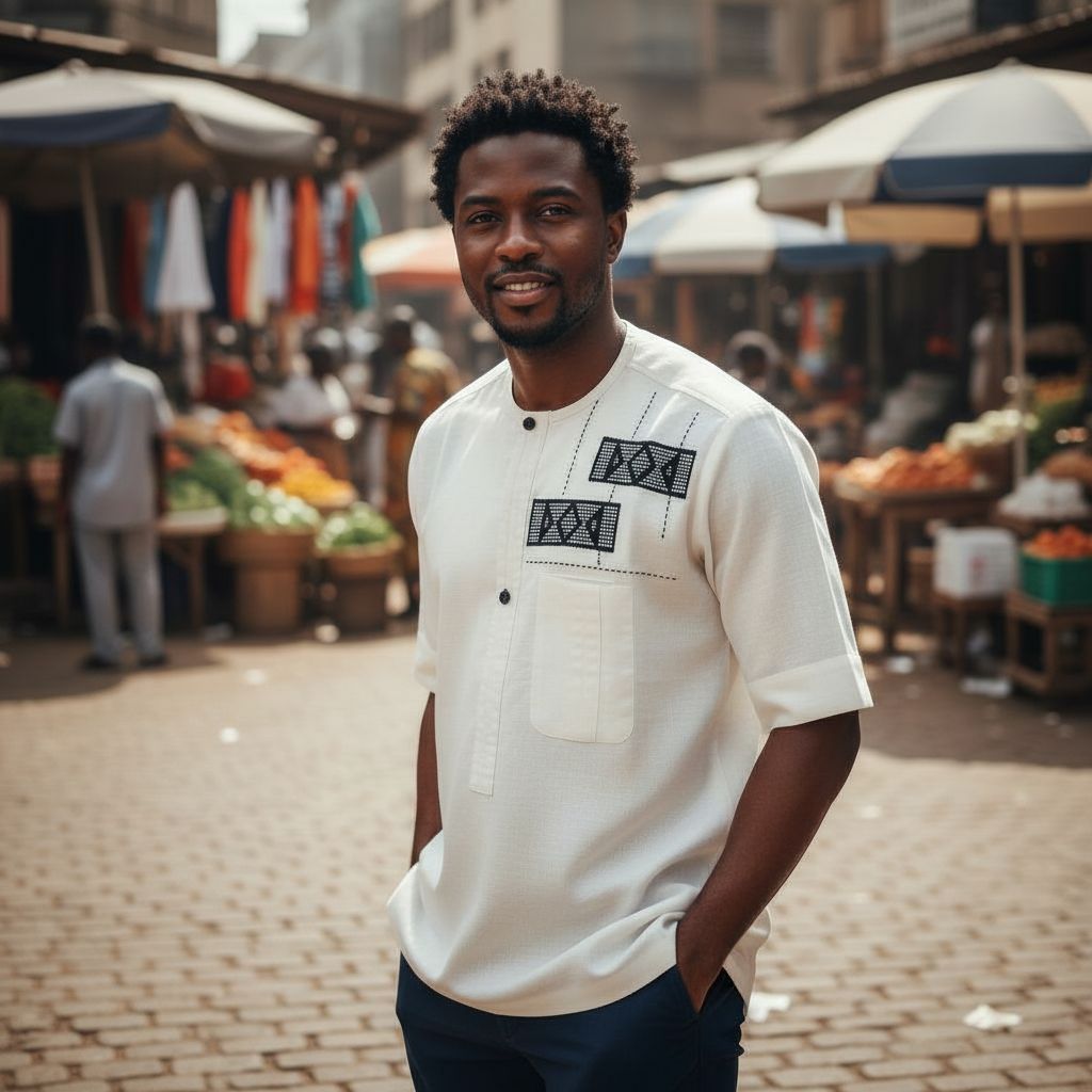 Chemise lin homme blanche artisanale – Broderie ivoire, pagne tissé chic