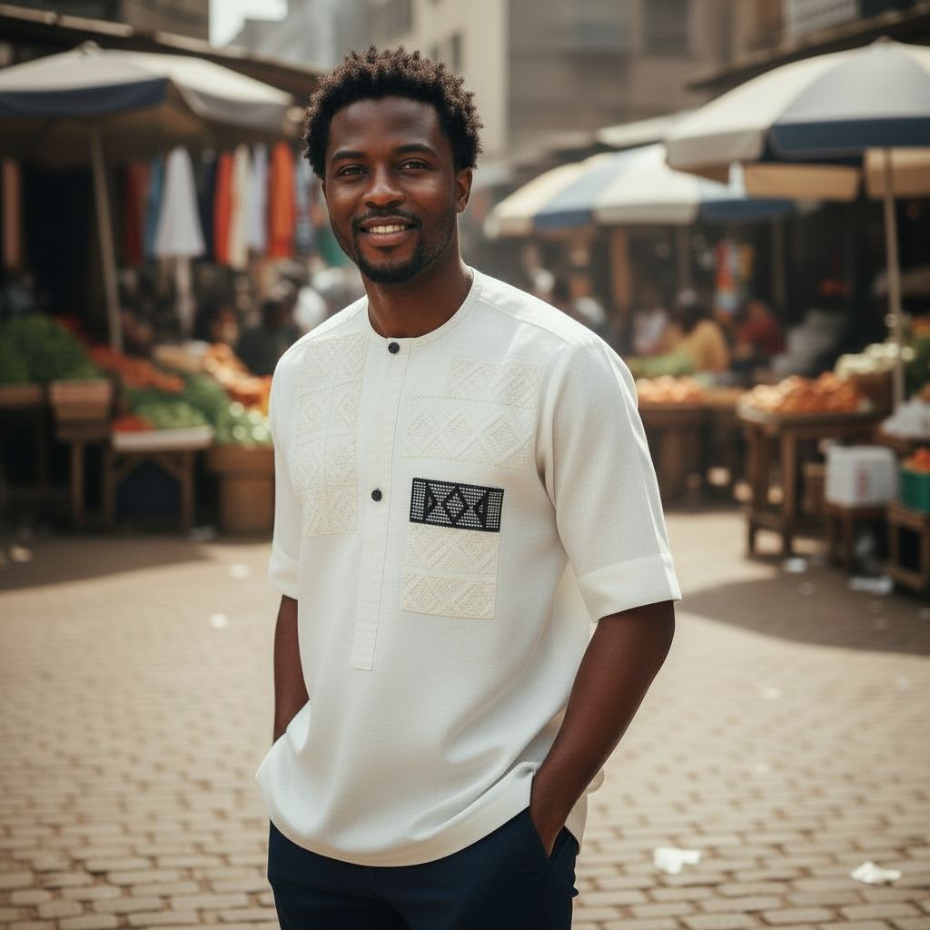 Chemise lin homme blanche artisanale – Broderie ivoire, pagne tissé chic