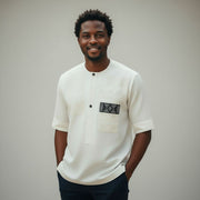 Chemise lin homme blanche artisanale – Broderie ivoire, pagne tissé chic