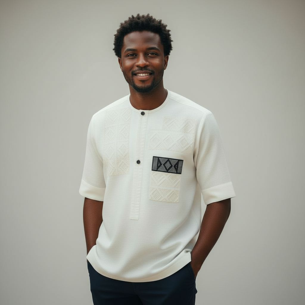 Chemise lin homme blanche artisanale – Broderie ivoire, pagne tissé chic