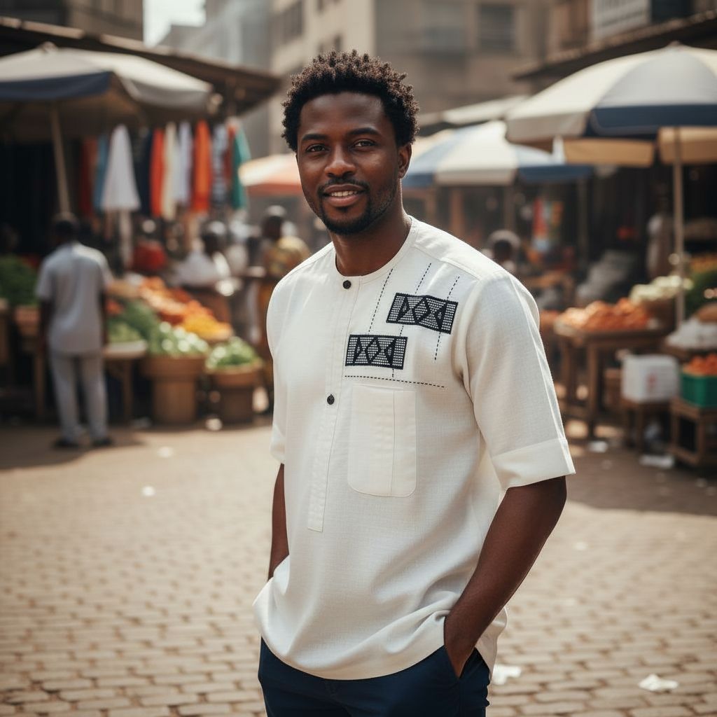 Chemise lin homme blanche artisanale – Broderie ivoire, pagne tissé chic