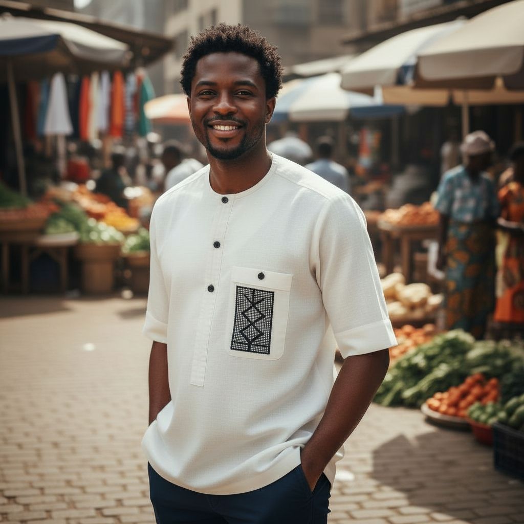 Chemise lin homme blanche artisanale – Broderie ivoire, pagne tissé chic