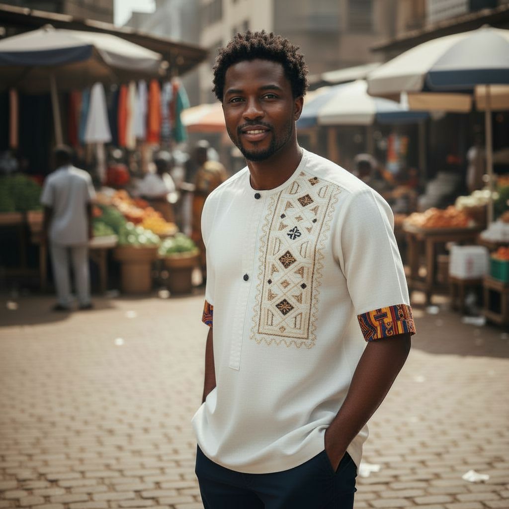 Chemise lin homme blanche artisanale – Broderie ivoire, pagne tissé chic