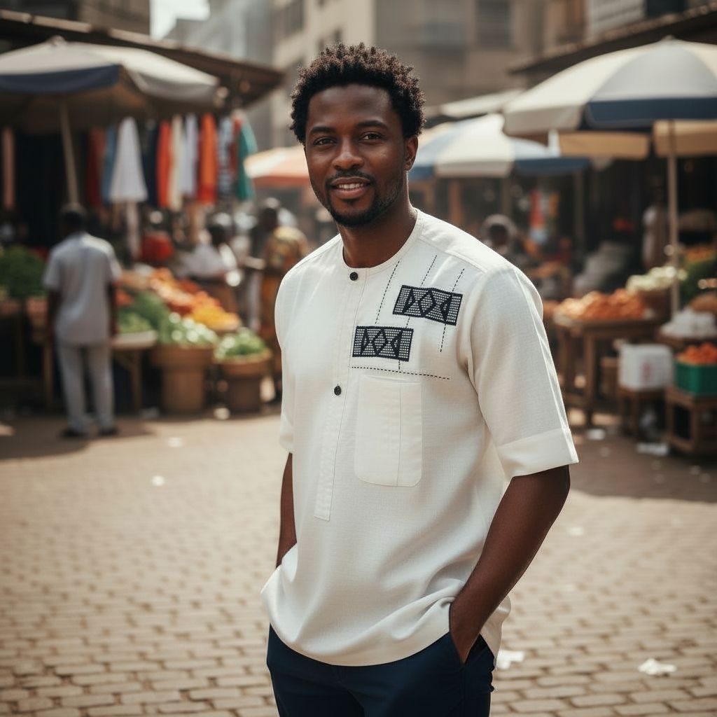 Chemise lin homme blanche artisanale – Broderie ivoire, pagne tissé chic