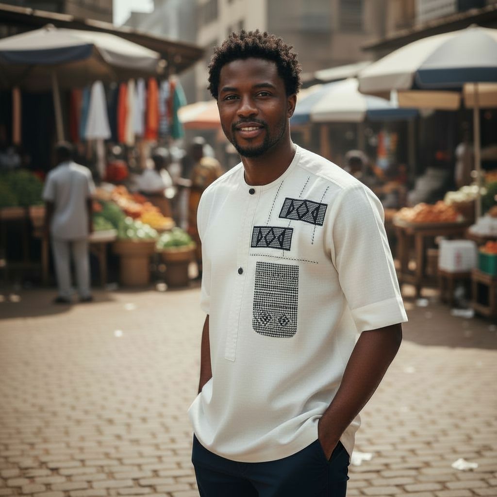 Chemise lin homme blanche artisanale – Broderie ivoire, pagne tissé chic