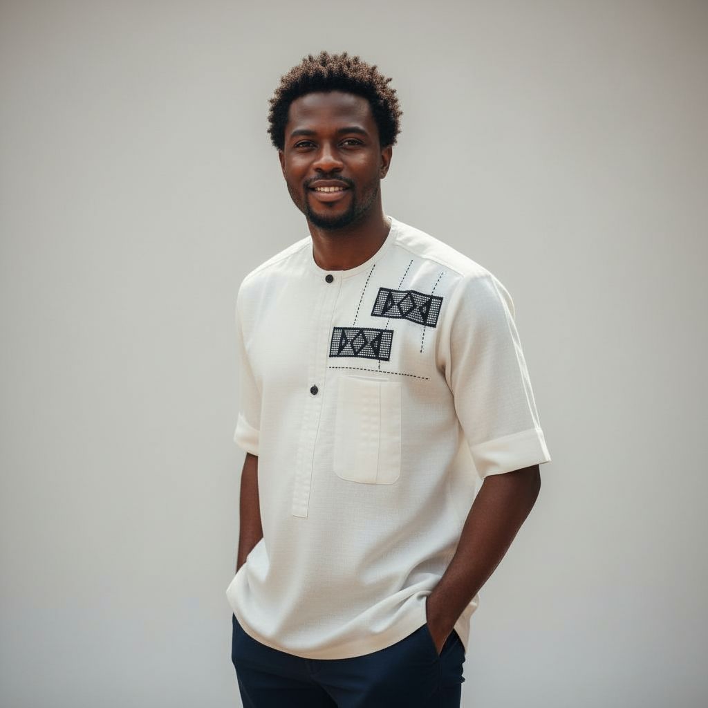 Chemise lin homme blanche artisanale – Broderie ivoire, pagne tissé chic