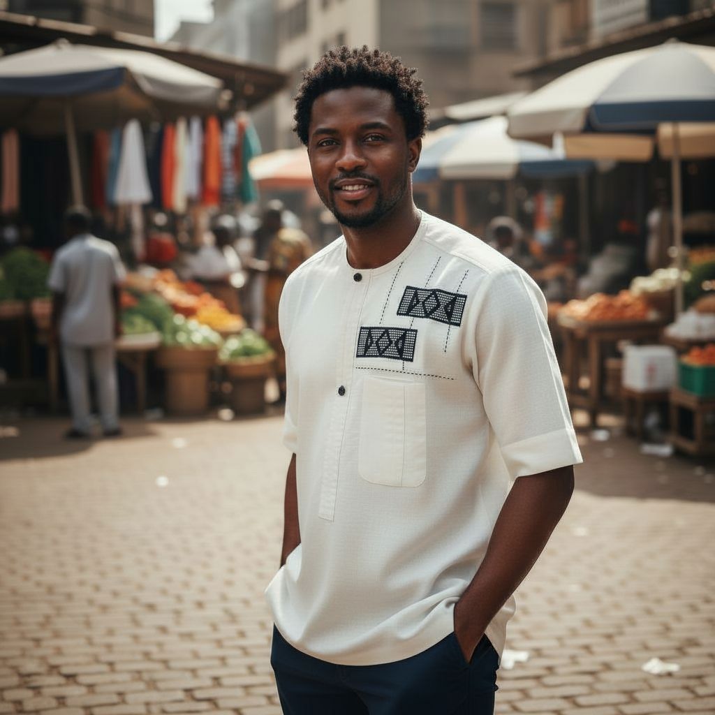 Chemise lin homme blanche artisanale – Broderie ivoire, pagne tissé chic