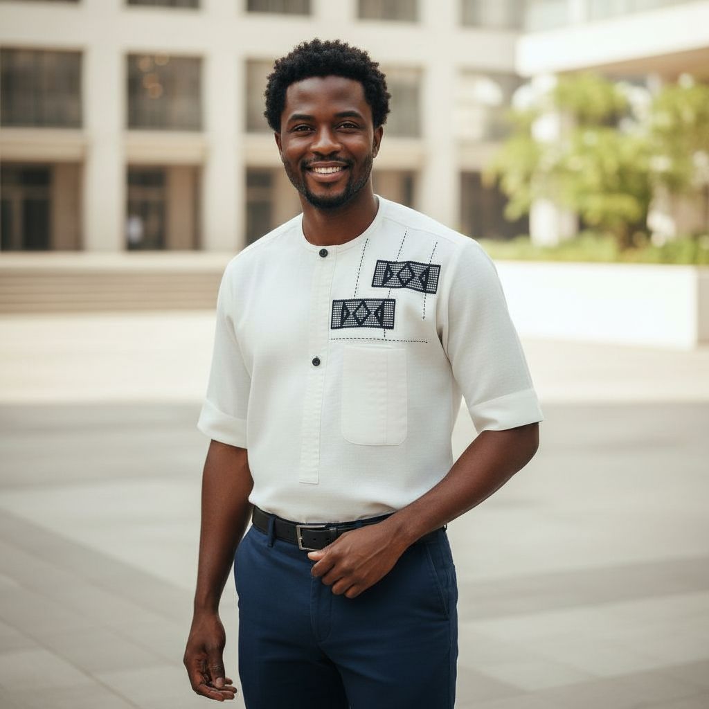 Chemise lin homme blanche artisanale – Broderie ivoire, pagne tissé chic