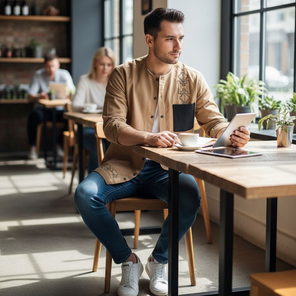 Chemise Lin Homme Camel - Élégance Géométrique Moderne