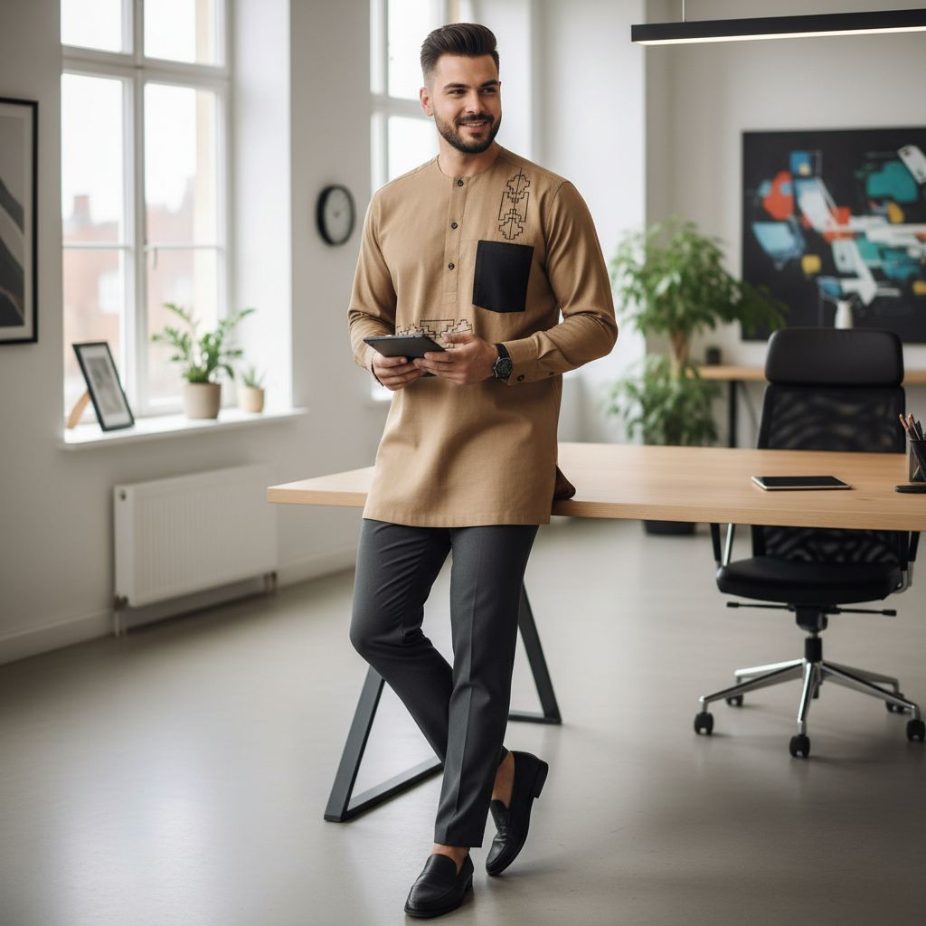 Chemise Lin Homme Camel - Élégance Géométrique Moderne