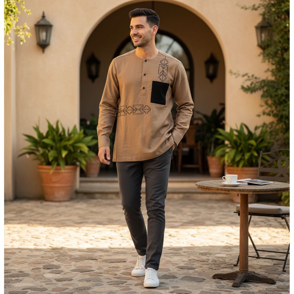 Chemise Lin Homme Camel - Élégance Géométrique Moderne