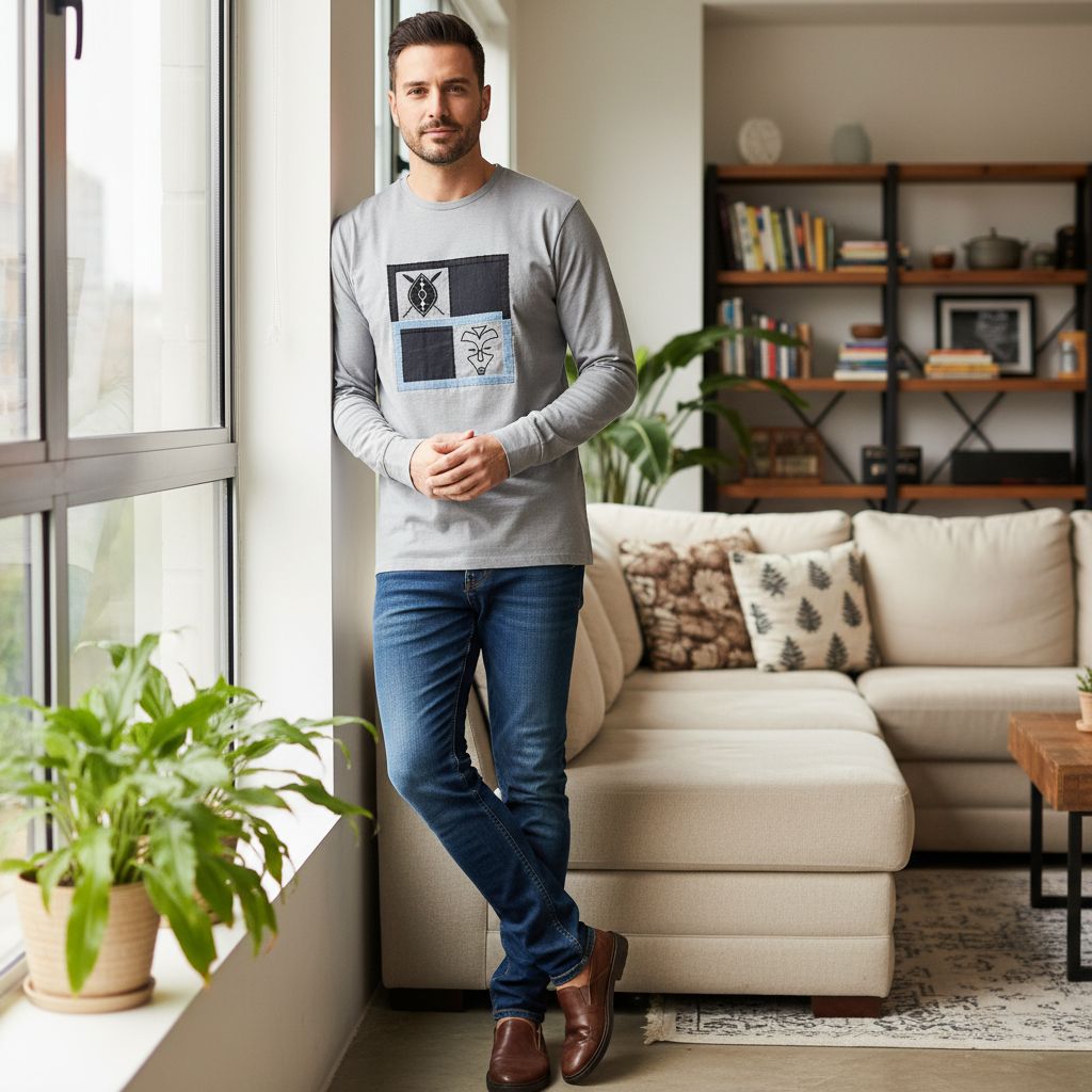 Chemise Grise Lin et Coton Patchwork - Élégance Ethnique Chic