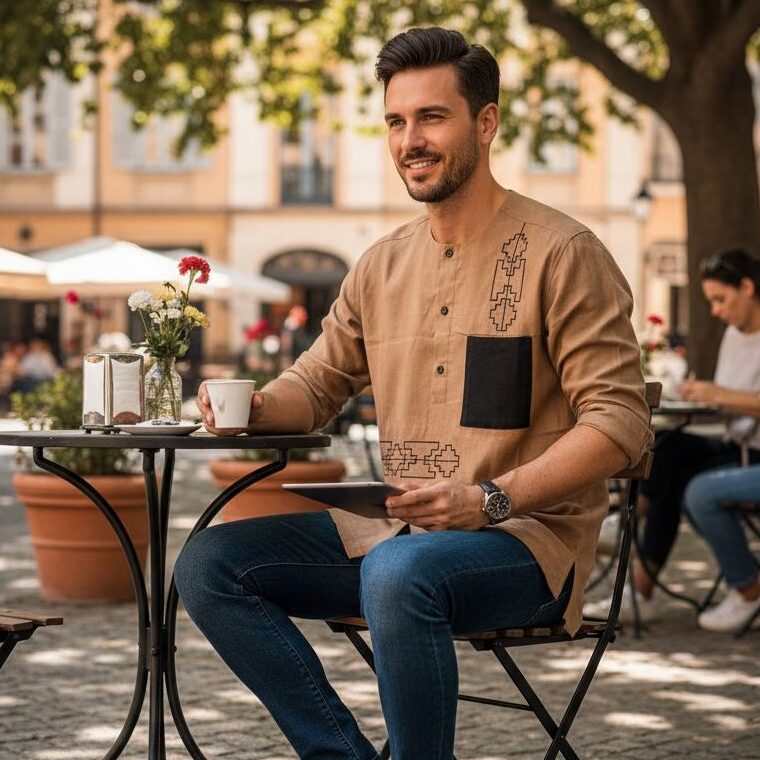 Chemise Lin Homme Camel - Élégance Géométrique Moderne