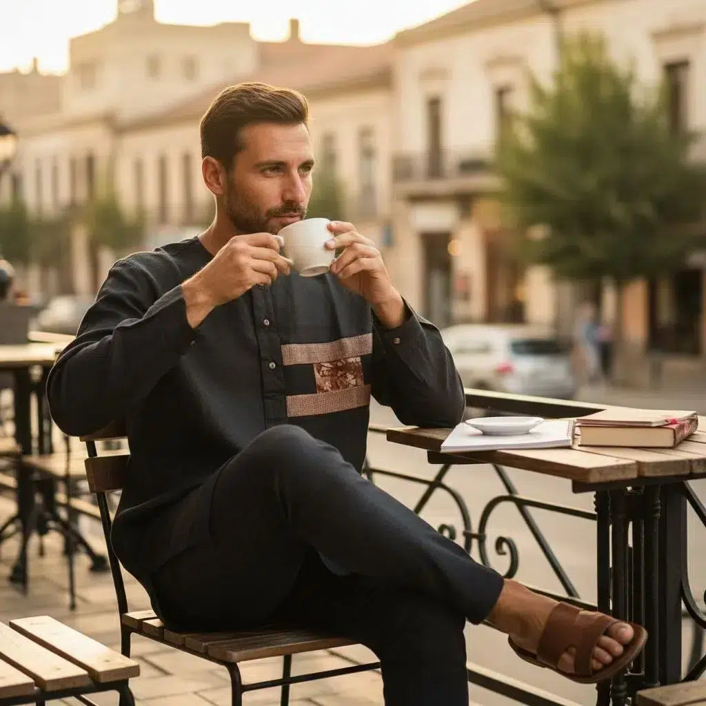 Chemise lin homme patchwork pagne brodée – Élégance artisanale moderne