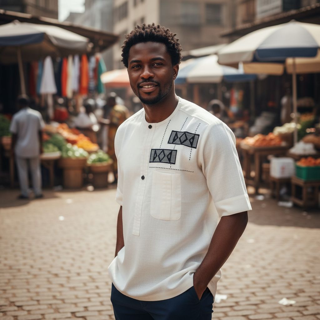 Chemise lin homme blanche artisanale – Broderie ivoire, pagne tissé chic