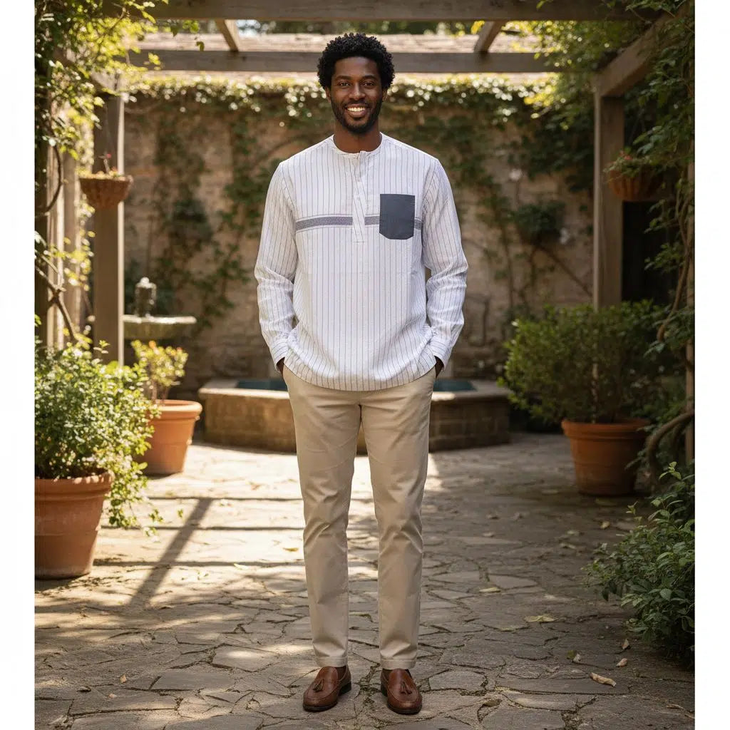 Chemise lin homme rayée blanche bleue, casual chic, manches longues