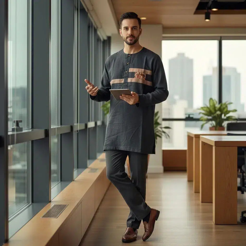 Chemise lin homme patchwork pagne brodée – Élégance artisanale moderne