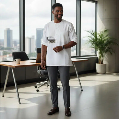 Chemise lin homme brodée style africain – Élégance ethnique été artisanale