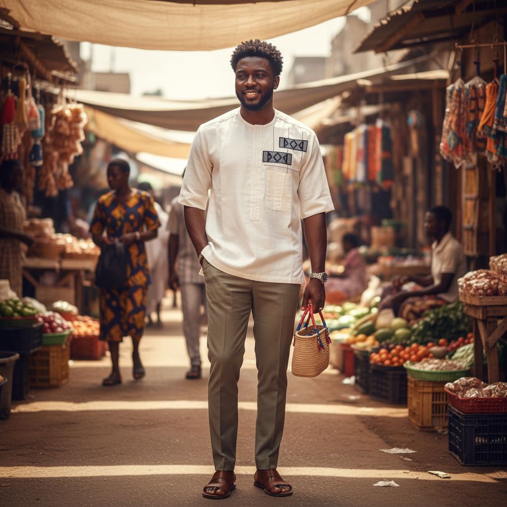 Chemise lin homme blanche artisanale – Broderie ivoire, pagne tissé chic