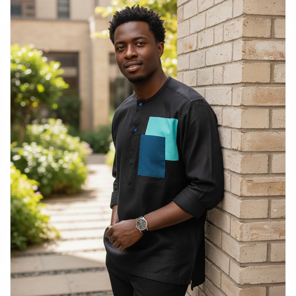 Elegant Black Linen Men's Shirt, Long Sleeves, Round Collar with Pockets