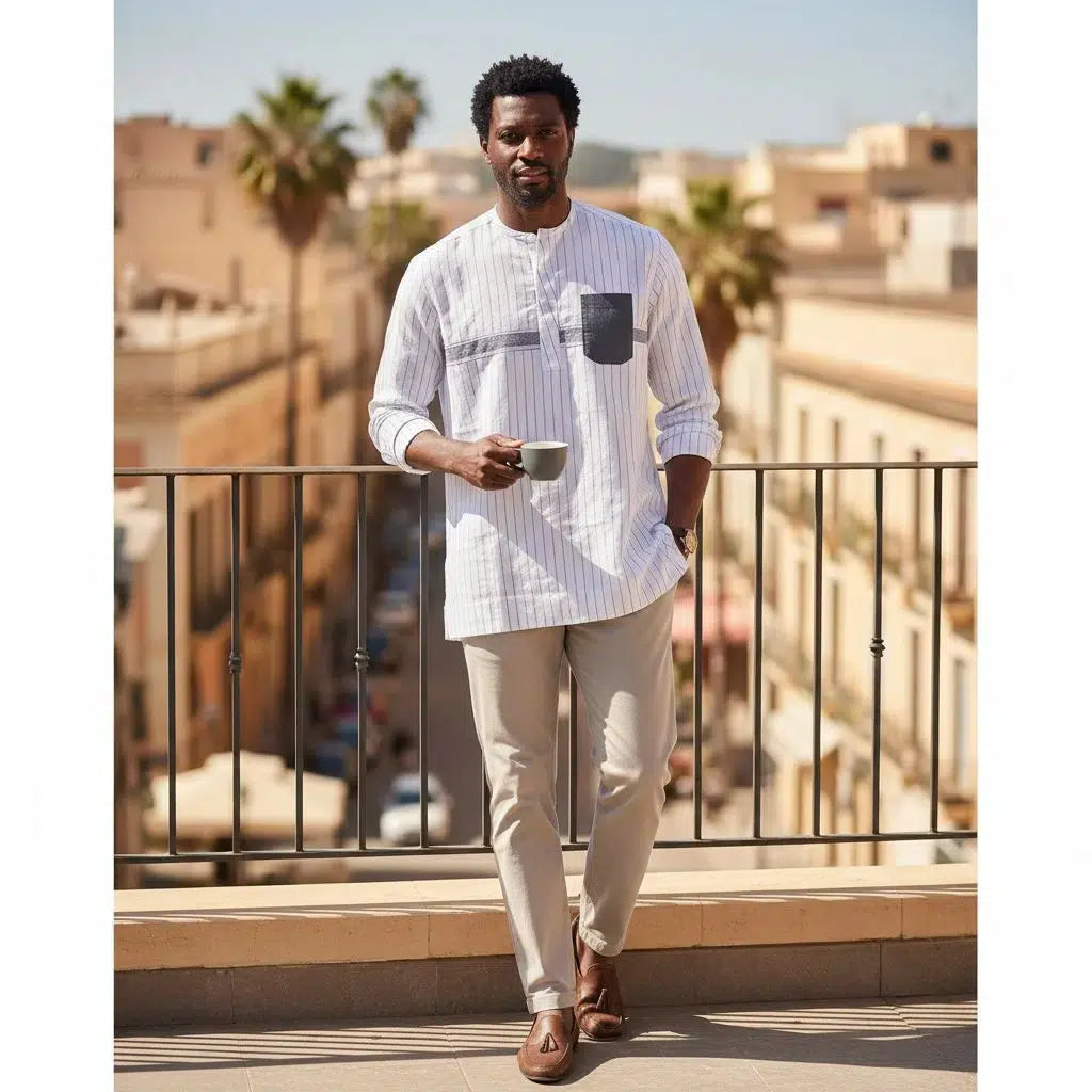 Chemise lin homme rayée blanche bleue, casual chic, manches longues