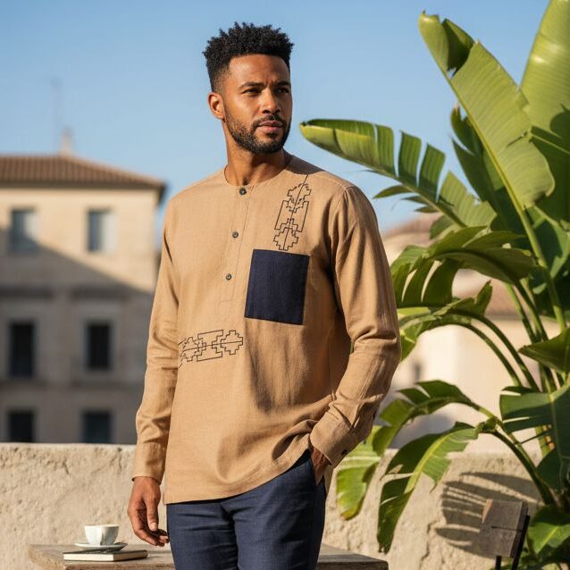 Chemise Lin Homme Camel - Élégance Géométrique Moderne