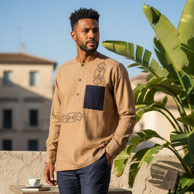 Chemise Lin Homme Camel - Élégance Géométrique Moderne