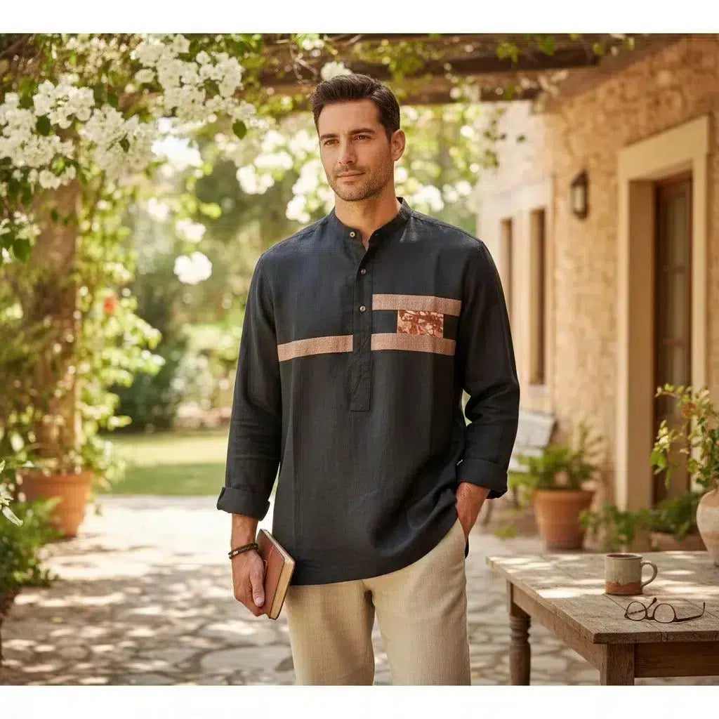 Chemise lin homme patchwork pagne brodée – Élégance artisanale moderne