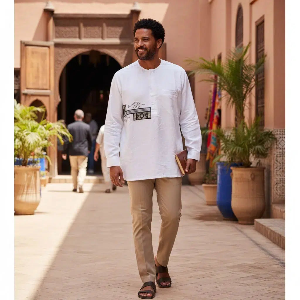 Chemise lin homme brodée style africain – Élégance ethnique été artisanale