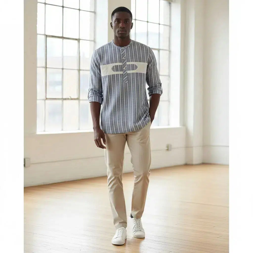 Chemise coton homme légère été, manches longues, gris crème, élégante