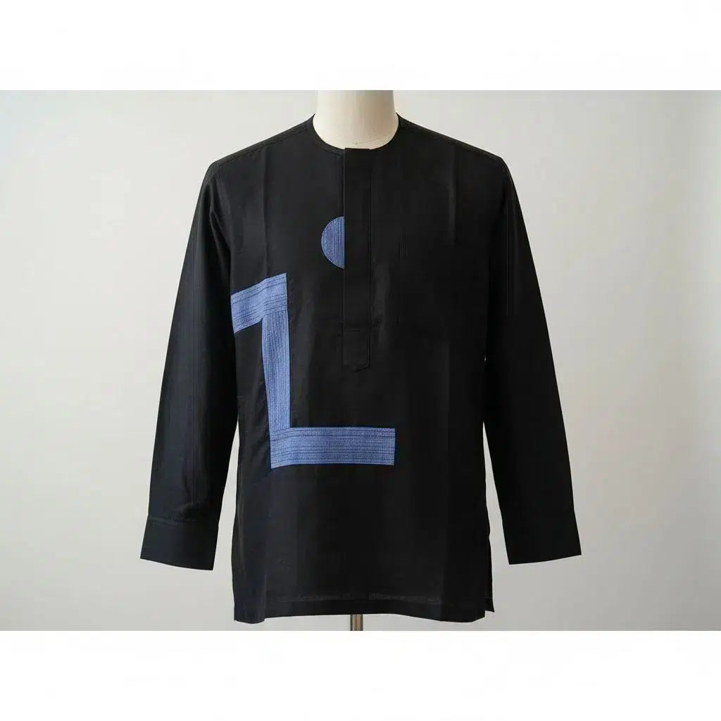 Chemise lin homme noire brodée patchwork pagne