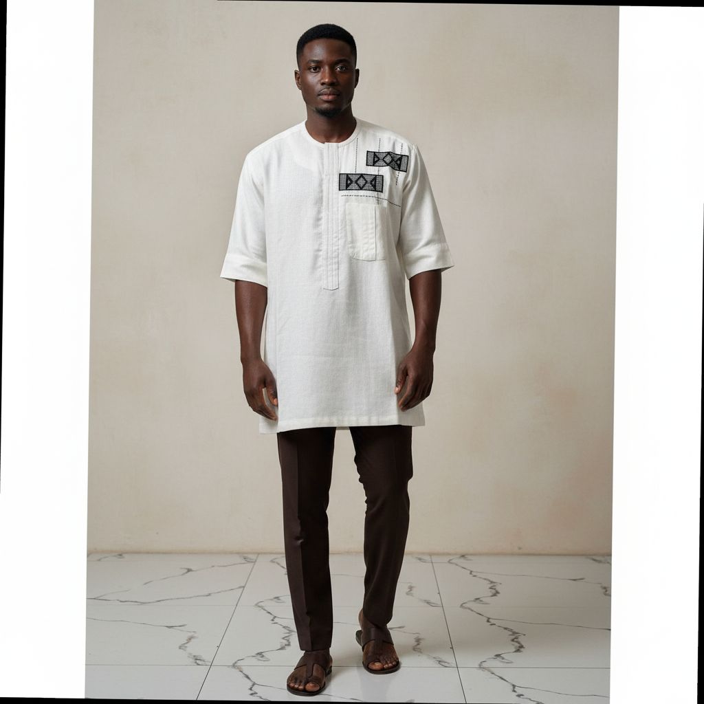 Chemise lin homme blanche artisanale – Broderie ivoire, pagne tissé chic