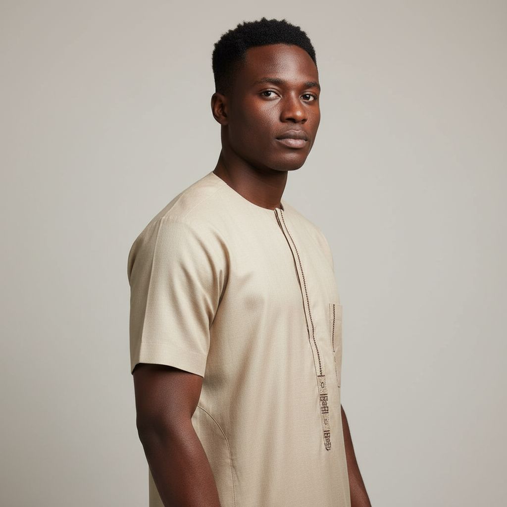 Chemise traditionnelle homme beige coton lin, broderie ethnique chic XXL