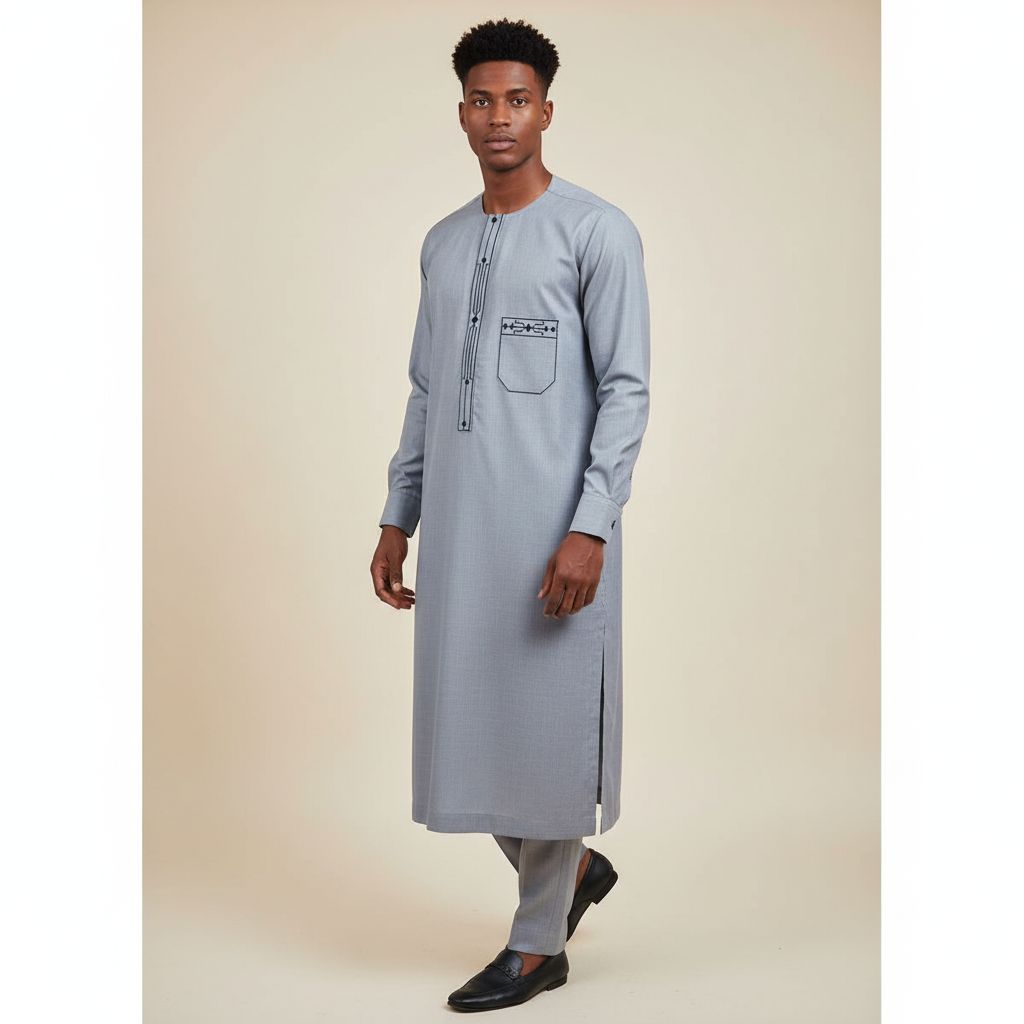 Chemise traditionnelle homme gris clair brodée, élégante et artisanale