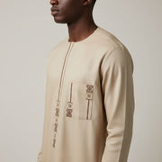 Chemise traditionnelle homme beige brodée coton, élégante cérémonie et ethnique