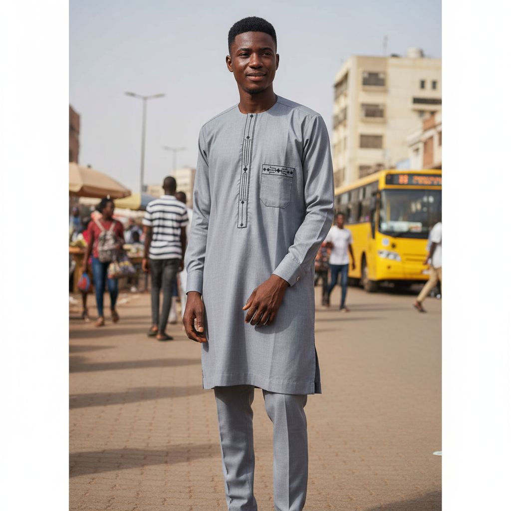 Chemise traditionnelle homme gris clair brodée, élégante et artisanale