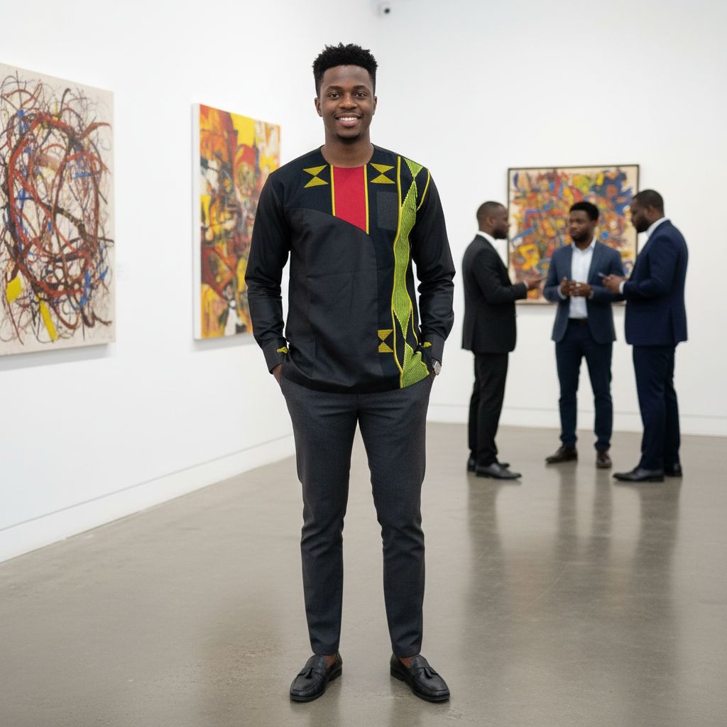 Chemise wax homme noire rouge jaune imprimé géométrique élégante africaine