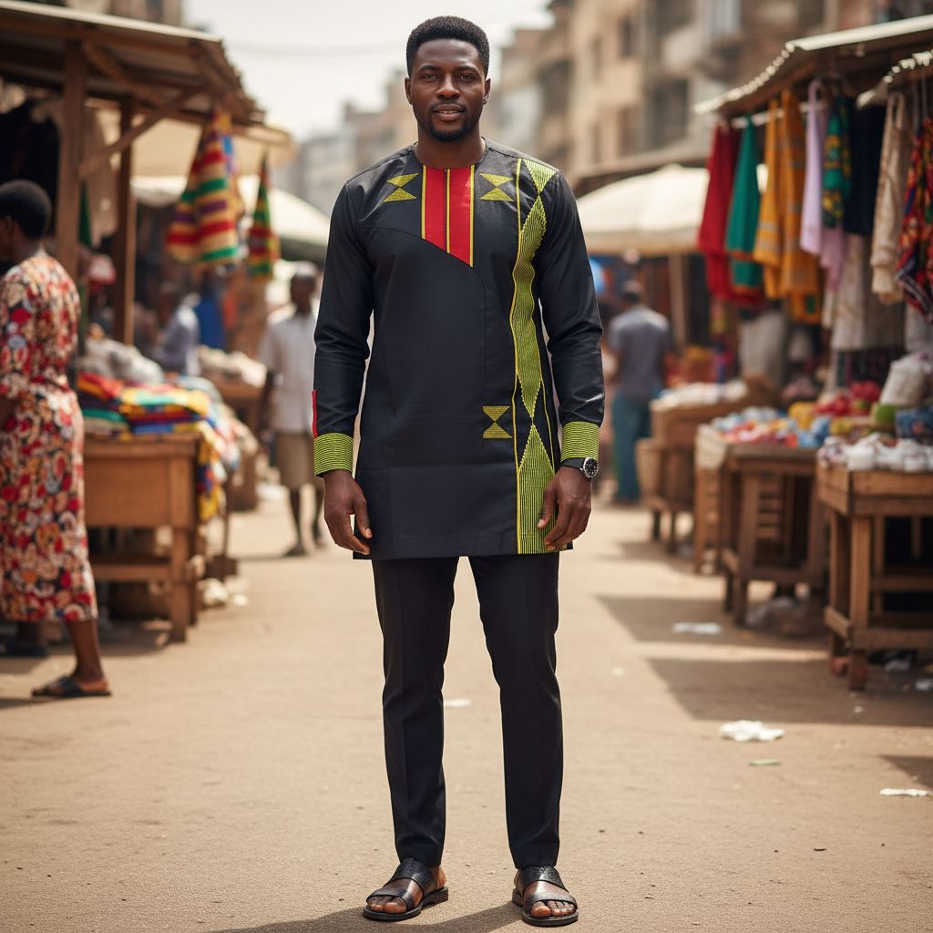 Chemise wax homme noire rouge jaune imprimé géométrique élégante africaine