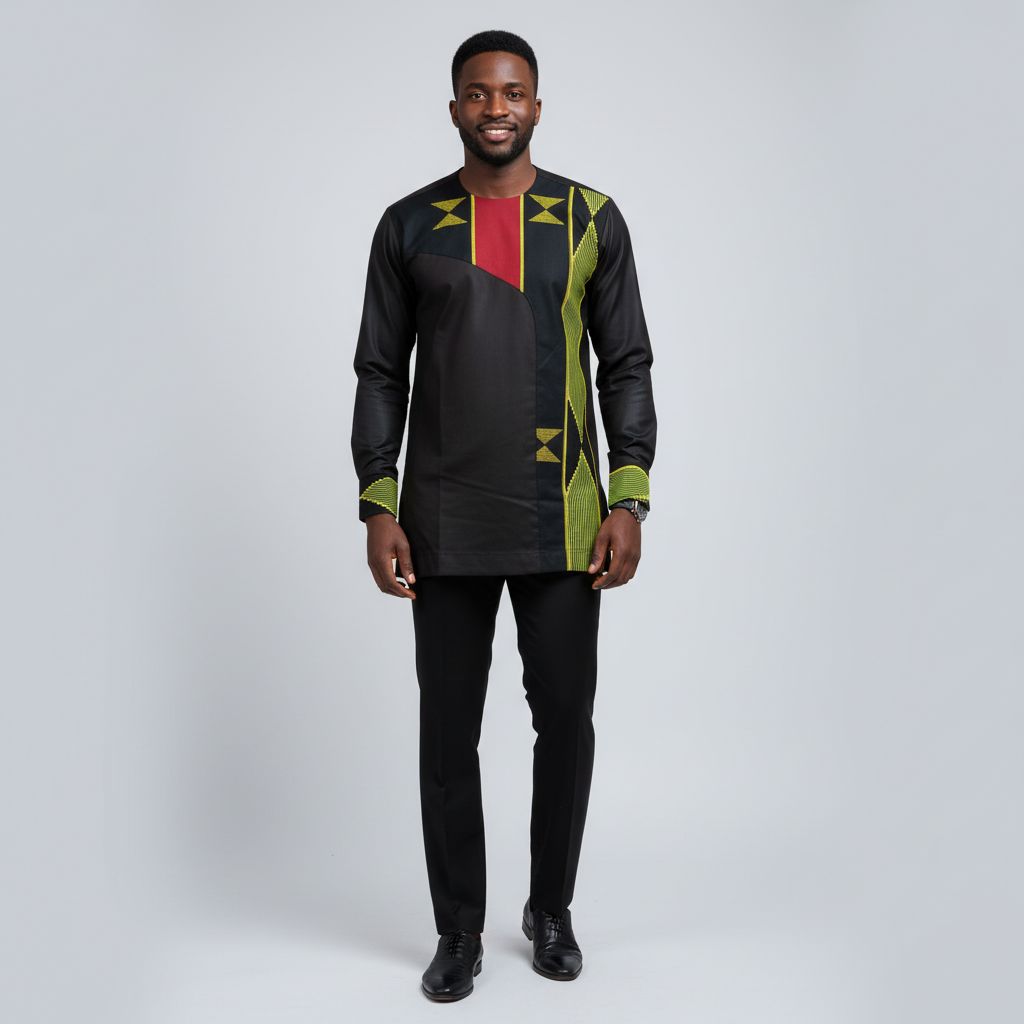Chemise wax homme noire rouge jaune imprimé géométrique élégante africaine