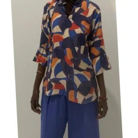 Ensemble lin femme bleu et haut multicolore