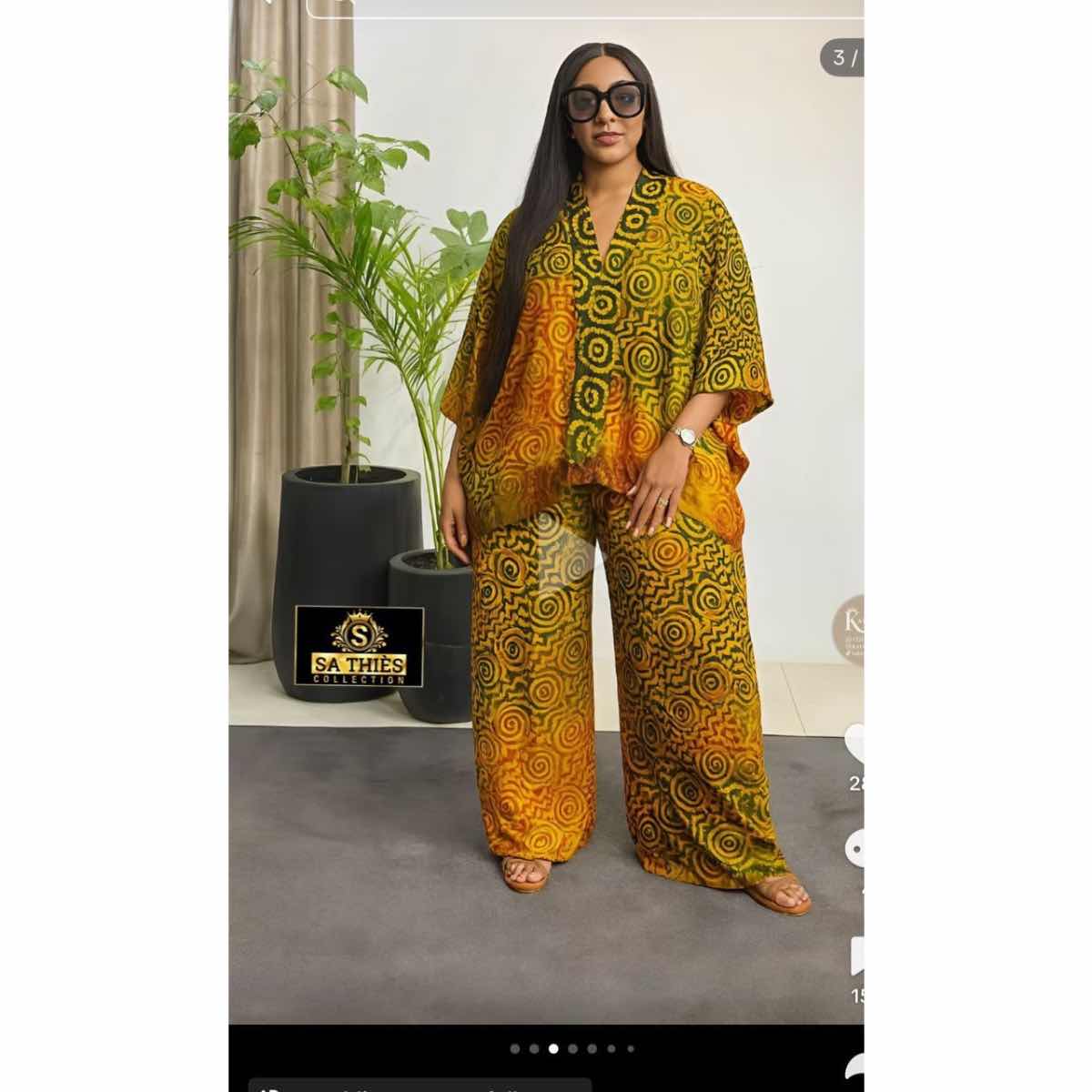 Ensemble pantalon femme chic vert et jaune