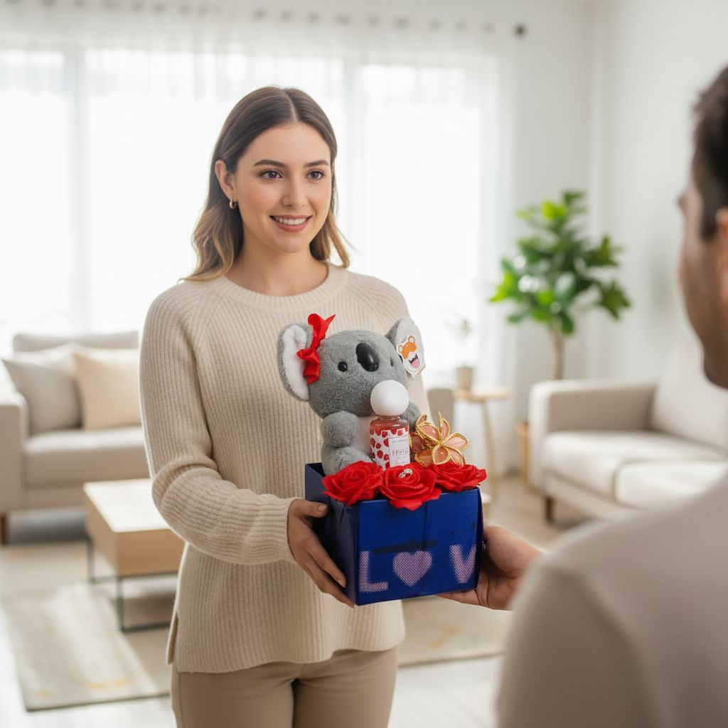 Coffret cadeau femme romantique : peluche koala, fleurs, parfum, luxe bleu