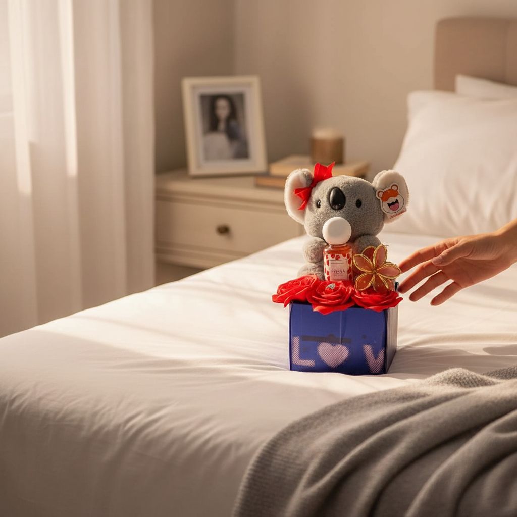 Coffret cadeau femme romantique : peluche koala, fleurs, parfum, luxe bleu