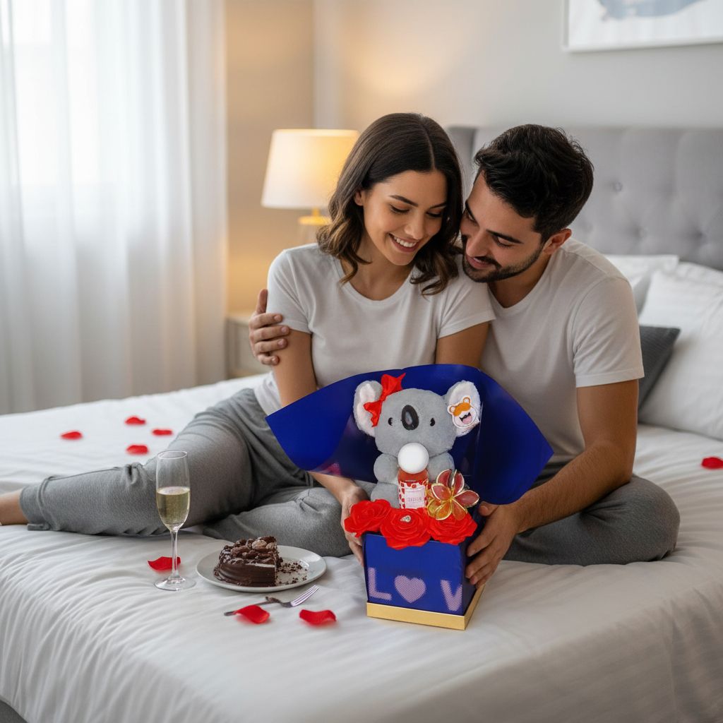 Coffret cadeau romantique : peluche, parfum et fleurs – Idée Saint-Valentin