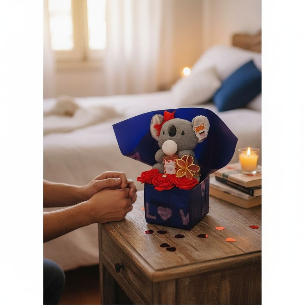 Coffret cadeau romantique : peluche, parfum et fleurs – Idée Saint-Valentin