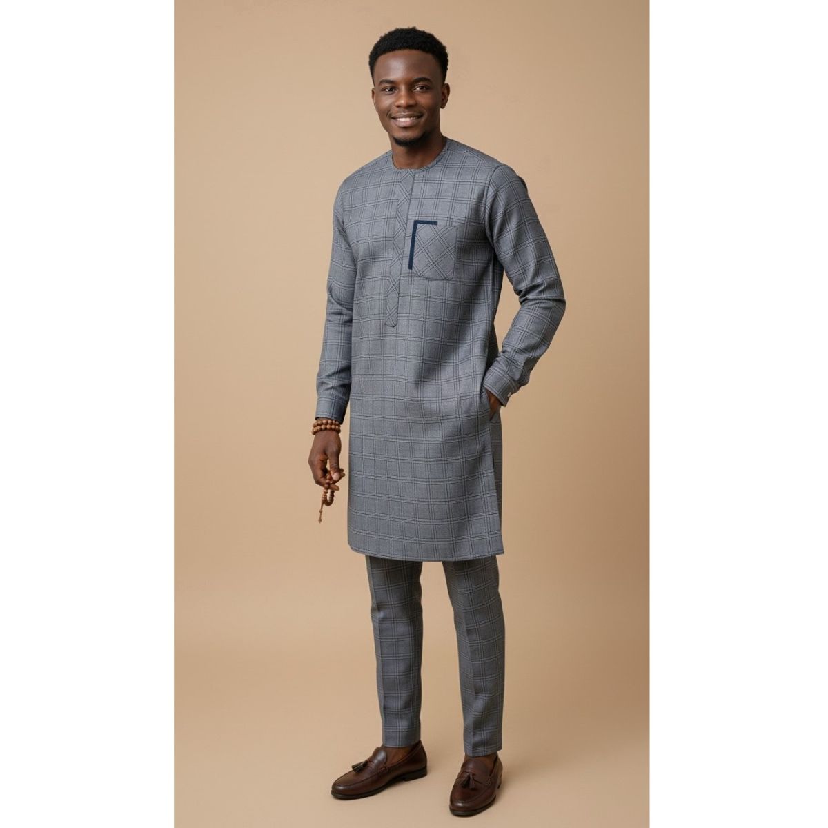Ensemble homme élégant gris et bleu – Tunique et pantalon moderne chic