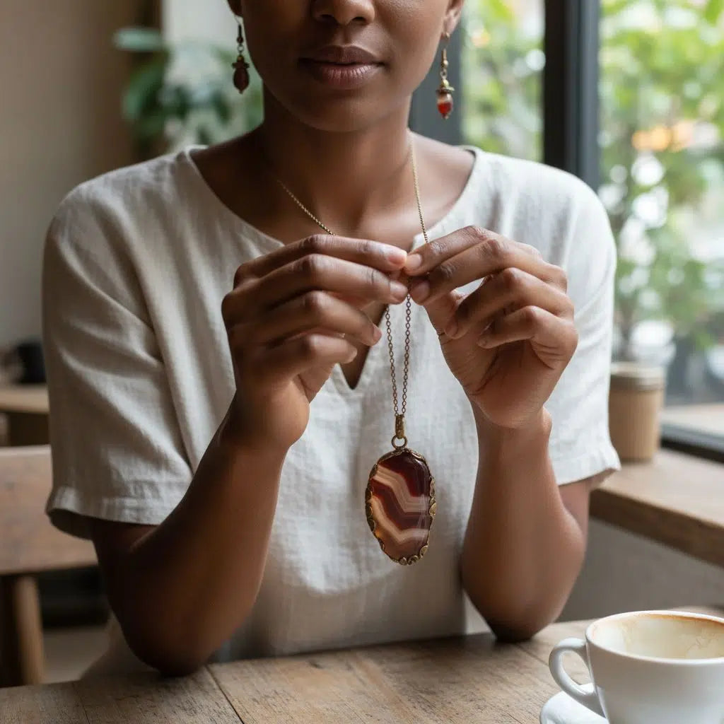 Collier agate femme et boucles d’oreilles – Ensemble artisanal bronze élégant