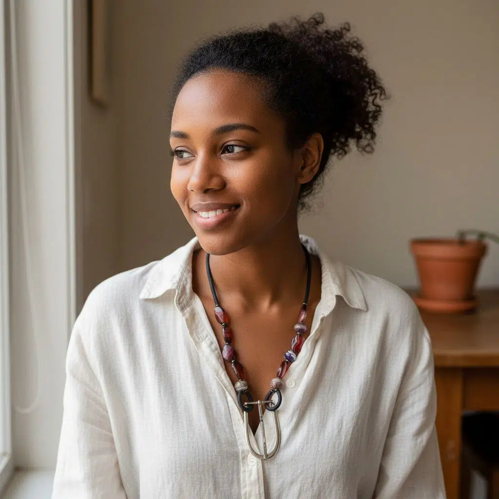 Collier artisanal femme en agate marron, bijou contemporain élégant fait main
